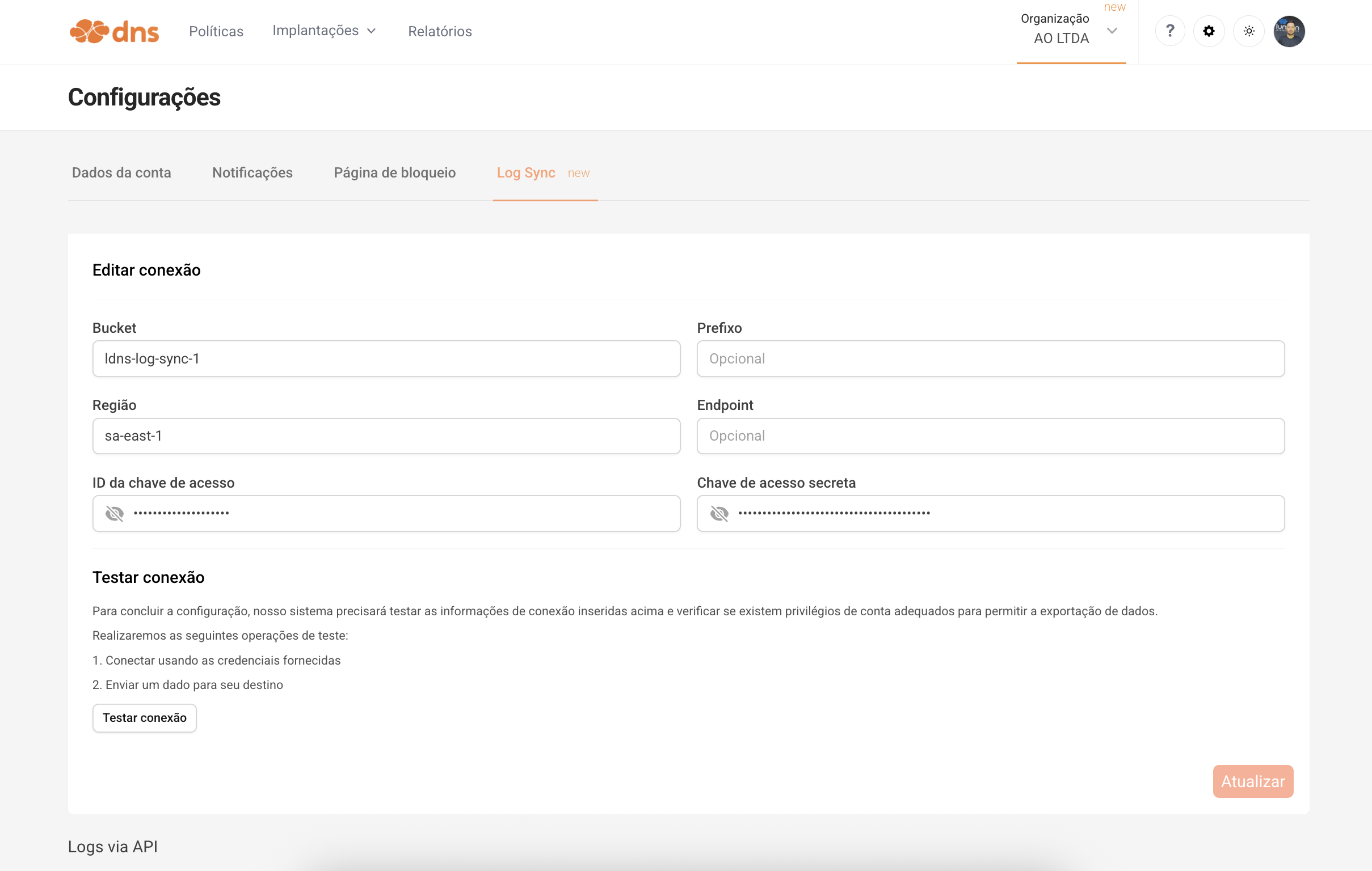 Configuração da exportação do Log Sync para AWS S3