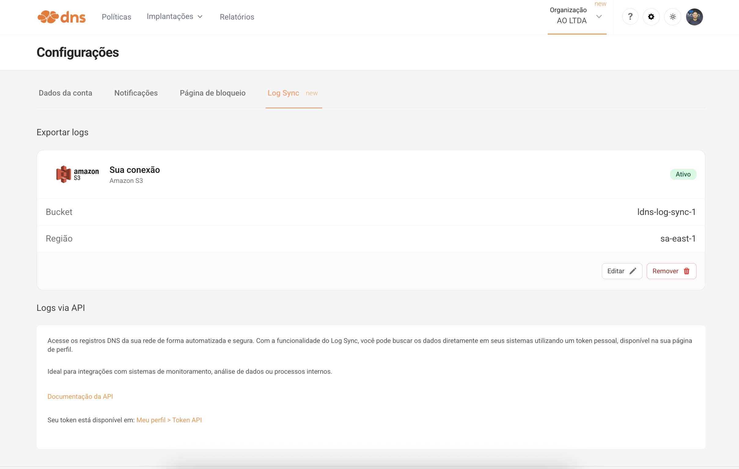 Logs DNS exportados via Log Sync para o bucket AWS S3