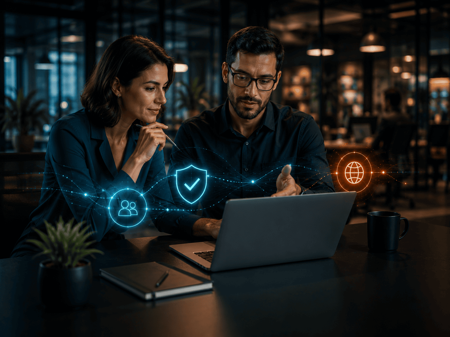 Business manager and IT professional collaboratively reviewing browsing policies